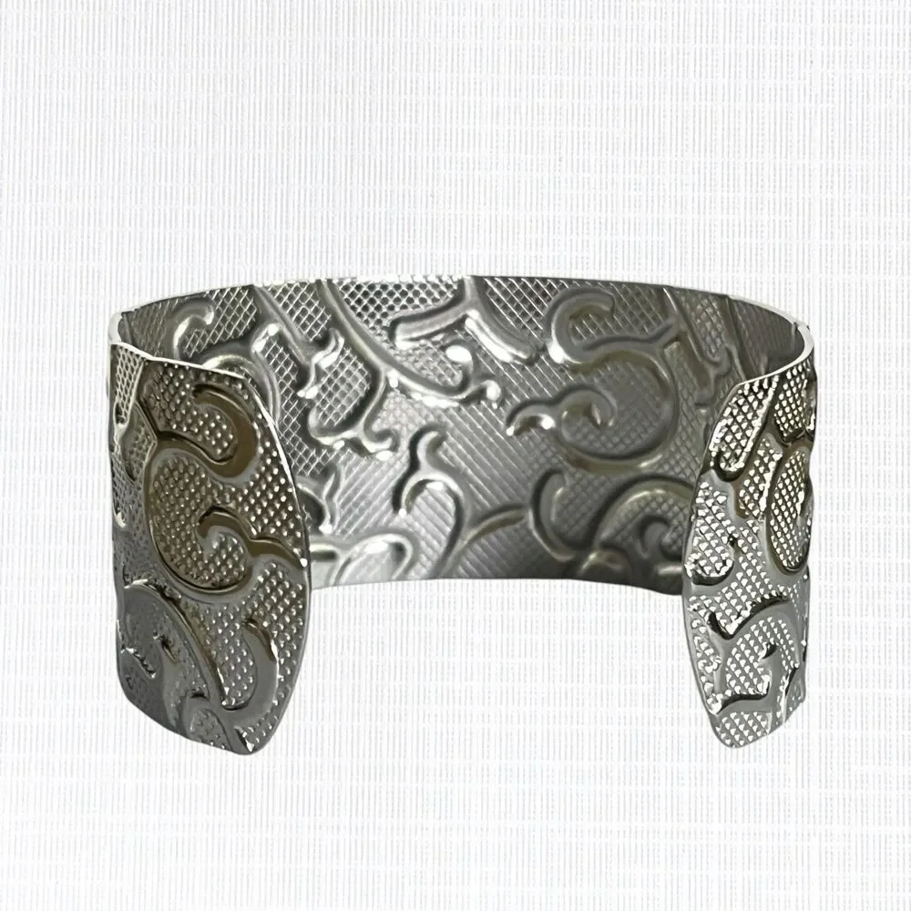 HOB Textured Cuff Bracelet Vines Scrollwork Silver Tone Stainless Steel Wide
